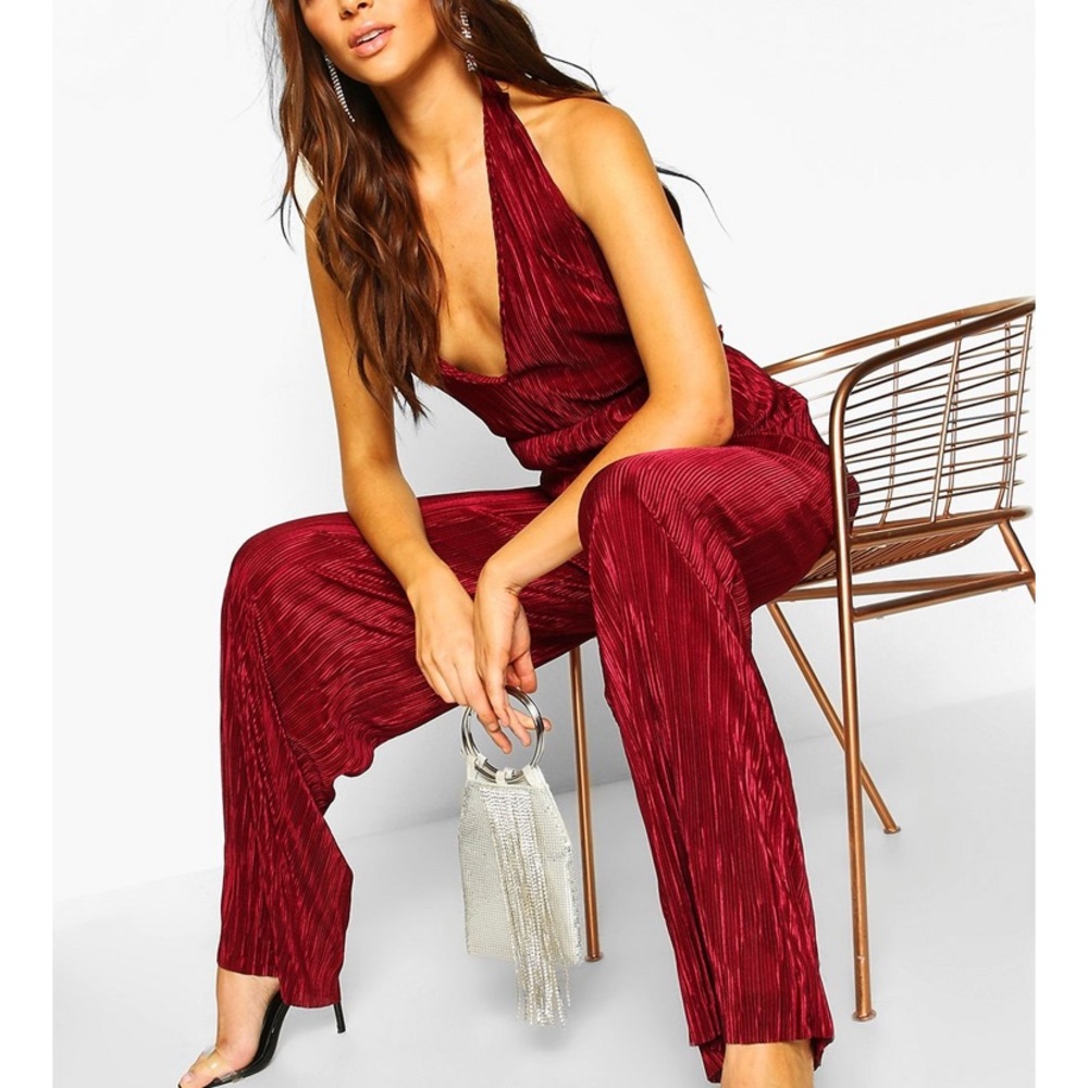 Red Plisse Wide Leg Jumpsuit